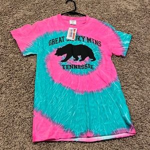 Blue and pink tie die great smoky mountains shirt